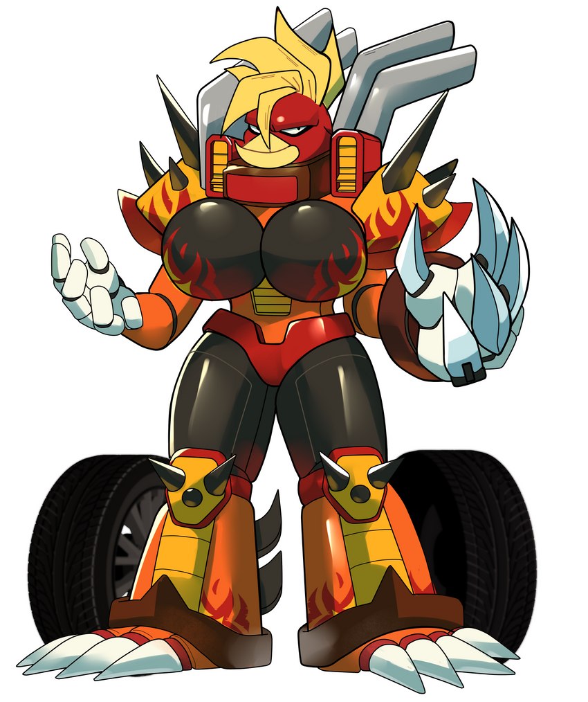 anthro armor beady_eyes big_breasts breasts car claws female hot_rod_flames huge_breasts machine mohawk pauldron smokestack solo spikes vehicle wheel fruitloop-chan chroma_(famwammer) red_corvette avian elemental_creature robot absurd_res hi_res