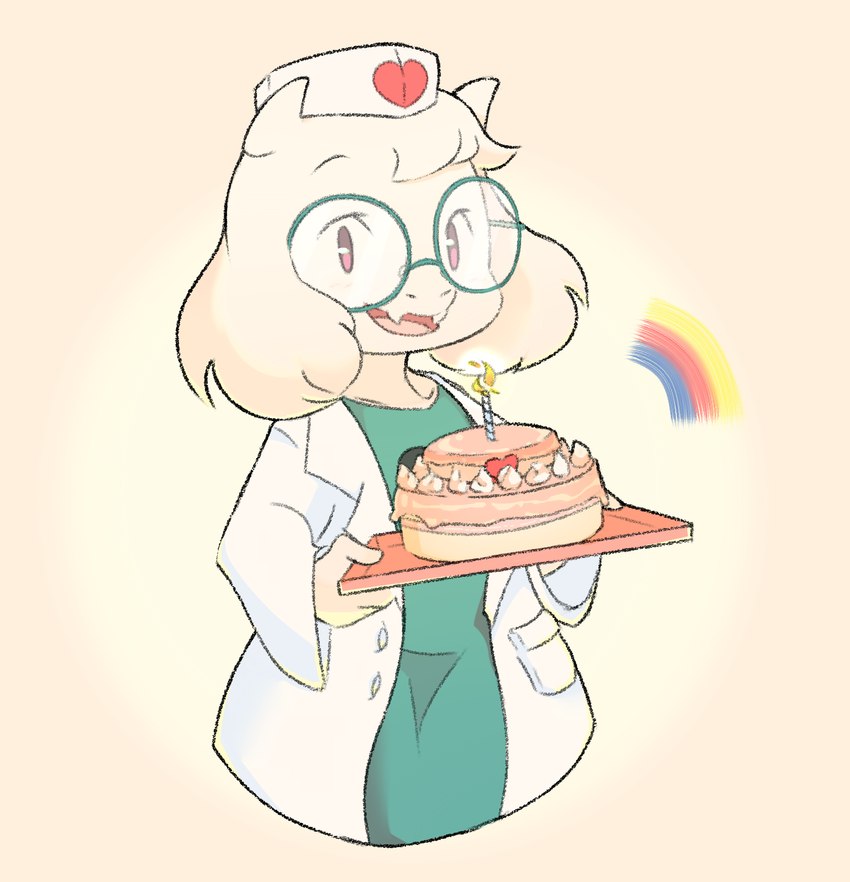 anthro cake candle clothing coat dessert eyewear food fur glasses green_eyewear green_glasses horn male nurse pink_eyes solo topwear white_body white_clothing white_coat white_fur white_topwear threek deltarune undertale_(series) ralsei bovid caprine goat mammal absurd_res hi_res