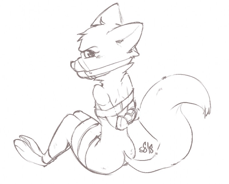 anthro arms_tied ball_gag biped bound butt female fur gag hands_behind_back harness harness_gag legs_tied looking_back muzzle_(object) simple_background sitting solo white_background alec8ter conditional_dnp disney zootopia skye_(zootopia) arctic_fox canid canine fox mammal true_fox 2018 monochrome signature sketch