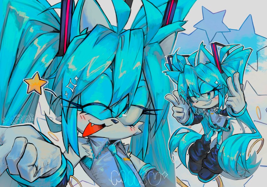 alternate_species anthro armwear blue_hair blush bottomwear clothing detached_sleeves eyelashes fangs female fur furrification gloves hair handwear one_eye_closed open_mouth open_smile pigtails shirt skirt smile solo star teeth topwear wink sainttufa sega sonic_the_hedgehog_(series) vocaloid hatsune_miku canid canine canis mammal wolf absurd_res hi_res