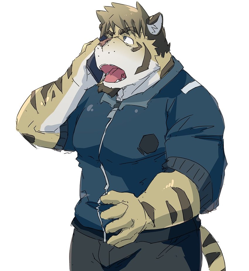 anthro bottomwear clothing electronics humanoid_hands kemono male pants phone shirt simple_background solo topwear white_background train_(artist) felid mammal pantherine tiger 2021