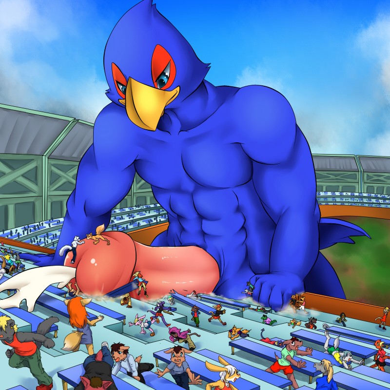 abs anthro beak biceps big_penis blue_body blue_feathers bodily_fluids cloud cum cumshot destruction ejaculation erection feathers female genital_fluids genitals glans group humanoid_genitalia humanoid_penis larger_male macro male muscular nude orgasm outside pecs penis size_difference sky smaller_female smaller_male stadium thick_penis nabesiki nintendo star_fox artie falco_lombardi fox_mccloud tamerlane92 arctic_fox avian bird canid canine fox kangaroo macropod mammal marsupial true_fox 1:1 hi_res