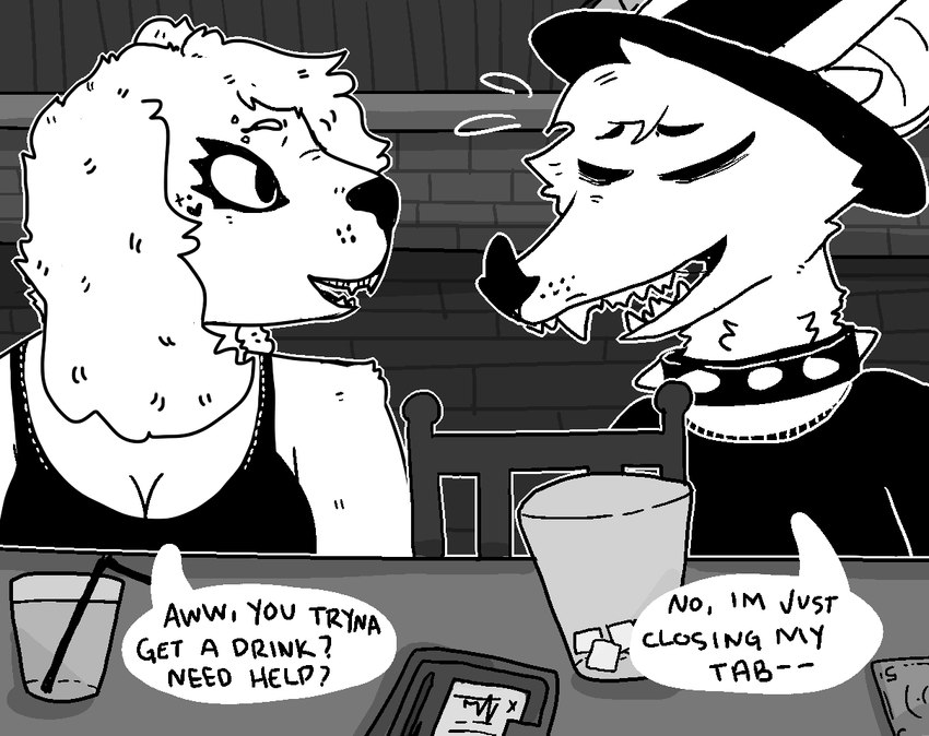 anthro bar breasts cleavage clothed clothing collar dialogue duo eyebrow_piercing eyes_closed facial_piercing fangs female floppy_ears hat headgear headwear humor male open_mouth open_smile piercing shirt smile speech_bubble spiked_collar spikes t-shirt tank_top teeth text topwear wide_eyed sinsquest sins_(sinsquest) bat canid canine canis domestic_dog mammal english_text greyscale monochrome andromorph_(lore) trans_(lore) trans_man_(lore)