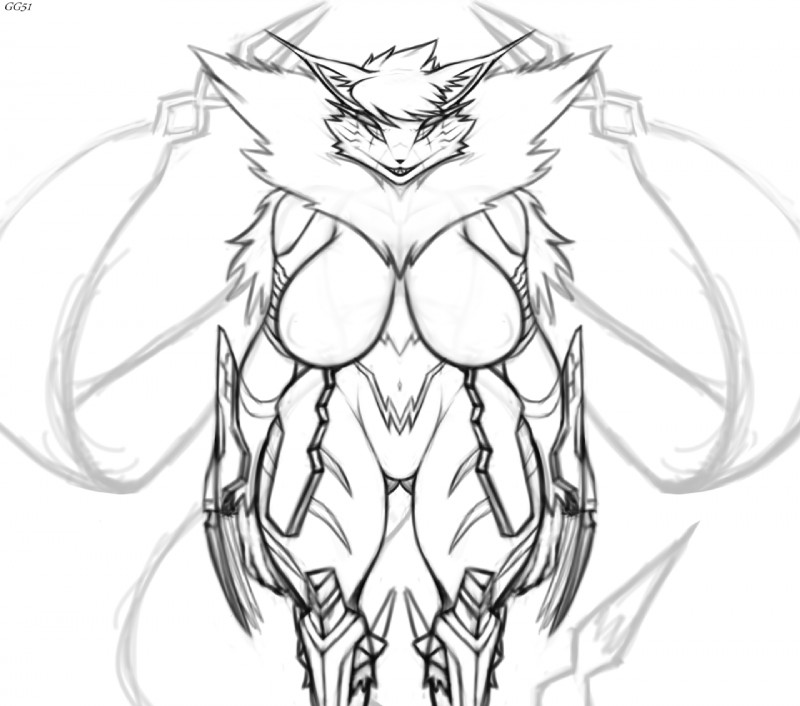 anthro armor breasts clawed_vambrace featureless_breasts female solo vambrace galmgaruda51 bandai_namco digimon digimon_(species) felid mammal meicrackmon meicrackmon_vicious_mode monochrome