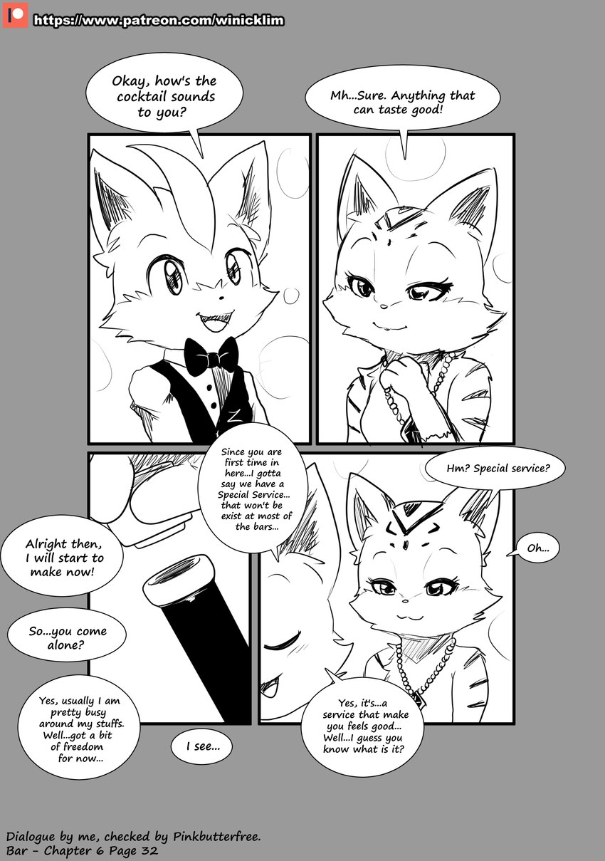 anthro clothed clothing dialogue duo female jewelry male neck_bow necklace text topwear vest wine_bottle young winick-lim nintendo pokemon stripe_(pinkbutterfree) zerry_(winick-lim) domestic_cat felid feline felis generation_7_pokemon legendary_pokemon mammal pokemon_(species) zeraora absurd_res comic english_text hi_res monochrome sketch