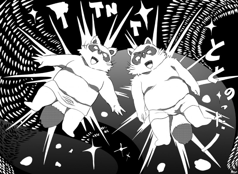 anthro belly clothing duo humanoid_hands male slightly_chubby underwear hysk canid canine mammal raccoon_dog tanuki 2020 hi_res monochrome