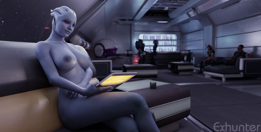 big_breasts blue_body blue_skin breasts casual_nudity clothed_female clothed_male crossed_legs datapad female group nipples nude nude_female nudist only_one_nude public public_nudity sitting smile solo_focus exhunter bioware electronic_arts mass_effect liara_t'soni alien alien_humanoid asari human humanoid mammal quarian turian 3d_(artwork) absurd_res digital_media_(artwork) hi_res huge_filesize watermark