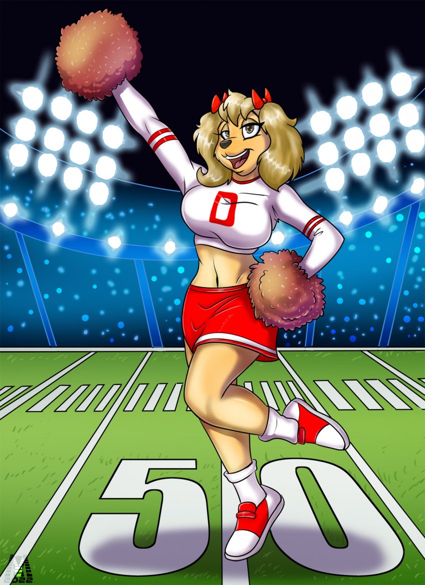 anthro artist_initials blonde_hair bottomwear breasts cheerleader cheerleader_outfit clothing female football_field footwear fur hair hair_bows logo long_sleeves midriff monogram pigtails pom_poms shoes skirt socks solo stadium stadium_lighting yellow_body yellow_fur mlock the_get_along_gang dotty_dog bird_dog canid canine canis cocker_spaniel domestic_dog hunting_dog mammal spaniel artist_logo dated hi_res