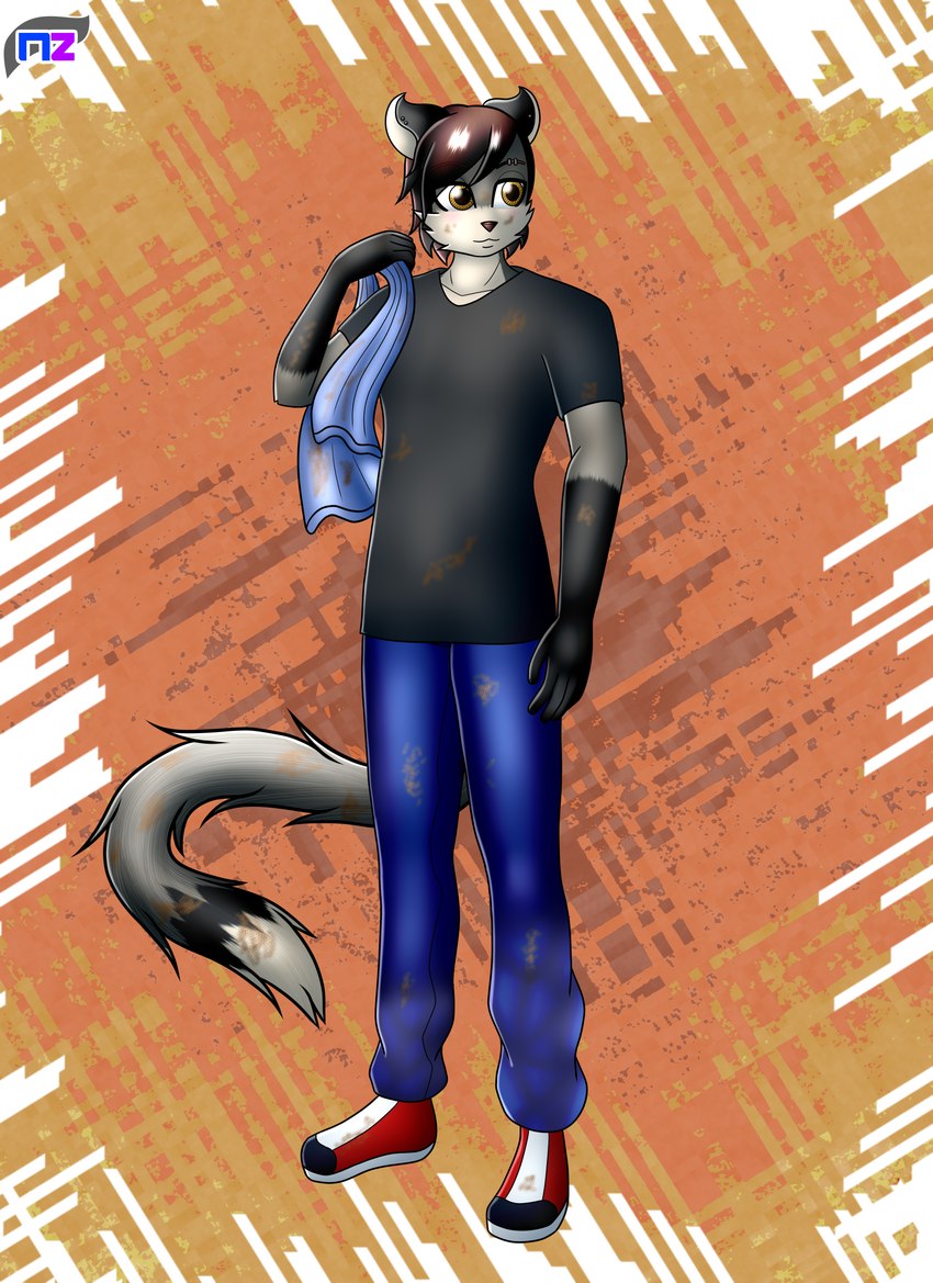 anthro bottomwear brown_hair brown_nose cheek_tuft clothing denim denim_bottomwear denim_clothing dirt dirty ear_piercing ear_ring facial_tuft fluffy fluffy_tail footwear hair jeans larger_male male orange_eyes pants piercing ring_piercing shirt shoes short_hair simple_background size_difference smile sneakers solo t-shirt tail topwear towel tuft newzorra leon_esposito canid canine cougar felid feline fox hybrid mammal red_fox silver_fox true_fox absurd_res hi_res