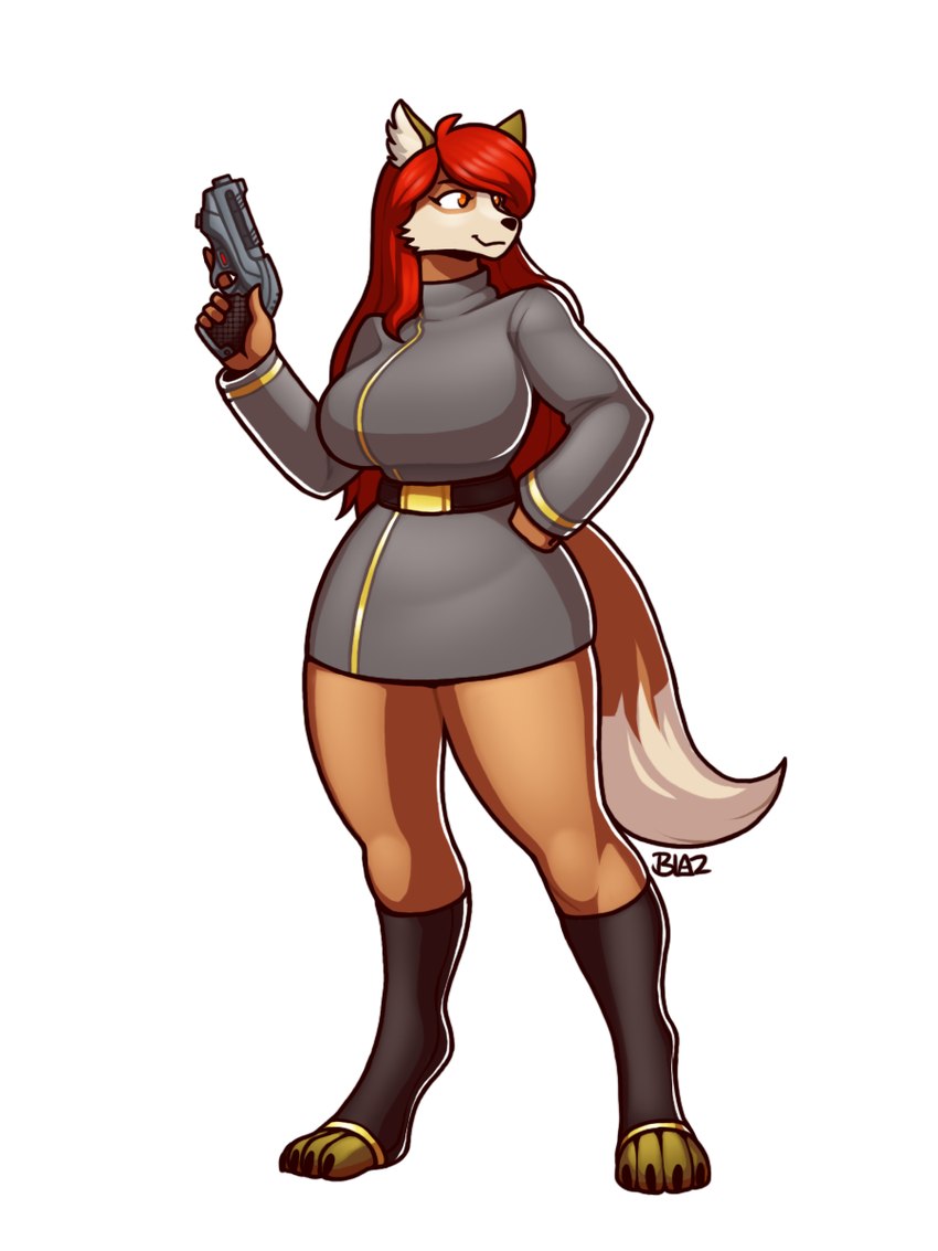 anthro belt big_breasts breasts brown_body brown_fur clothed clothing dipstick_tail female fur gun hair hand_on_hip inner_ear_fluff markings ranged_weapon red_hair solo tail tail_markings tan_body tan_fur thick_thighs tuft weapon wide_hips blazbaros solstice_dewinter canid canine canis domestic_dog fox husky hybrid mammal nordic_sled_dog spitz 2022 3:4 hi_res