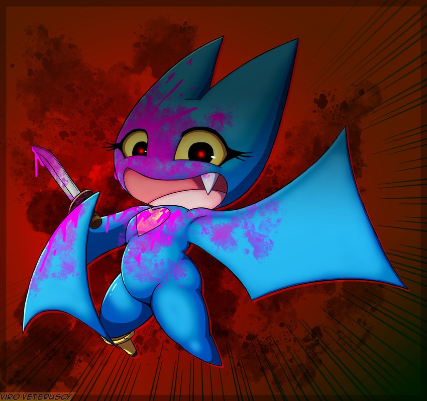 anthro blood blood_splatter blood_stain blue_body bodily_fluids fangs featureless_crotch female glowing glowing_eyes knife open_mouth pegleg solo teeth wings yellow_sclera viroveteruscy cartoon_network mao_mao:_heroes_of_pure_heart adorabat bat mammal 2024 absurd_res digital_media_(artwork) hi_res