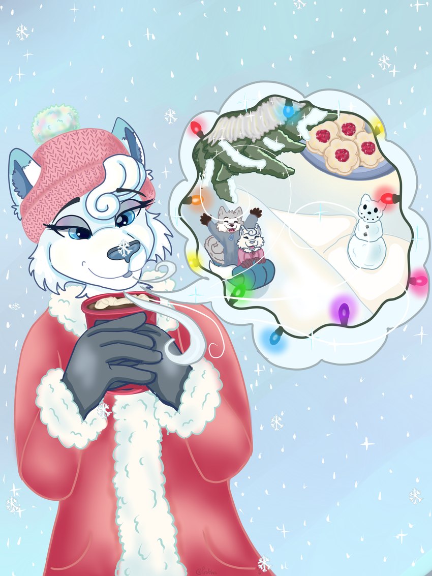 ambiguous_gender anthro beverage candy chocolate christmas_decorations christmas_lights clothing coat cookie costume cute_pose dessert food fur holidays hot_chocolate hug lights memories plant santa_costume sledding snow solo topwear tree white_body white_fur yule pyroashes christmas arctic_fox canid canine fox mammal true_fox 3:4 absurd_res hi_res