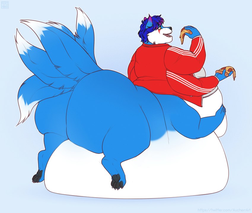 6_arms 9_tails belly big_belly big_butt blue_body blue_fur blue_hair butt clothing eating food fur hair holding_belly holding_food holding_object huge_belly jacket looking_at_food looking_at_object male moobs multi_arm multi_limb multi_tail overweight overweight_male pawpads paws pizza red_clothing red_jacket red_topwear short_hair simple_background solo tail topwear white_body white_fur yellow_eyes aucherr kat_the_artic_foxtaur canid canid_taur canine canine_taur fox fox_taur mammal mammal_taur taur 2024 absurd_res hi_res