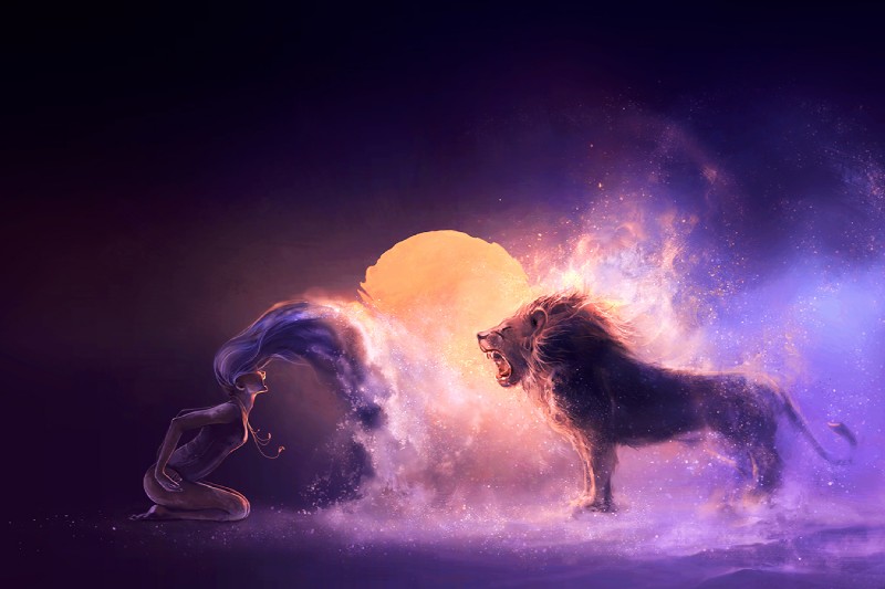 bodysuit breasts clothing duo dust eyes_closed fangs female feral fire fog hair hair_flip jewelry kneeling loin male mane necklace purple_hair roaring skinsuit standing sun teeth tight_clothing aquasixio western_zodiac leo_(zodiac) felid human lion mammal pantherine 3:2 purple_theme