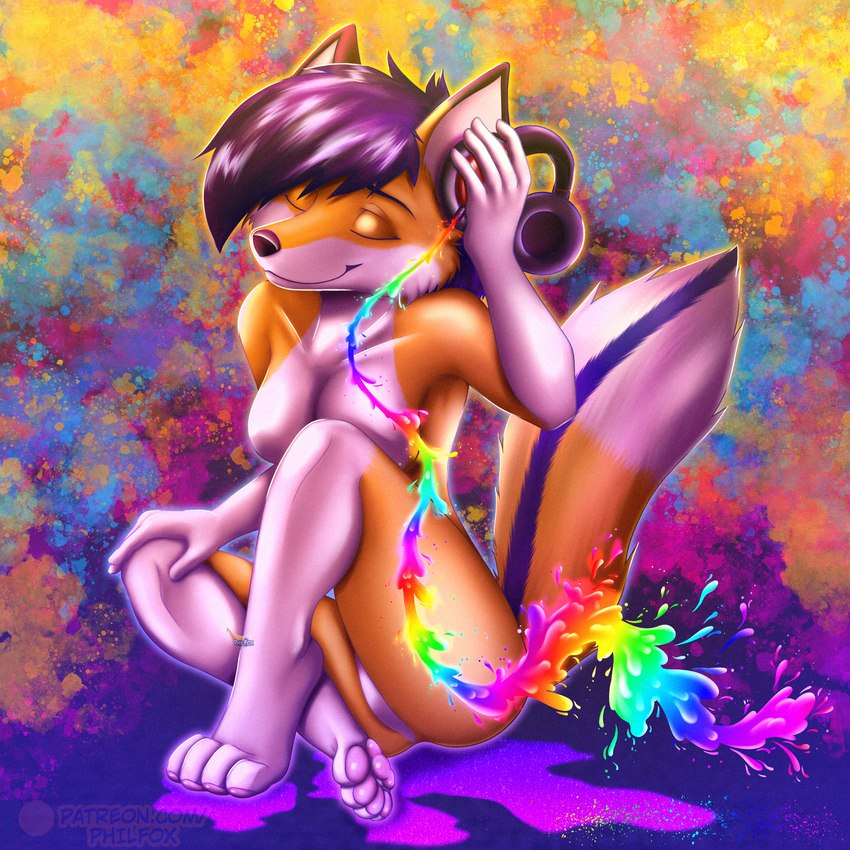 anthro female music nude paint pawpads paws rainbow solo philfox saff canid canine fox mammal 1:1 absurd_res hi_res