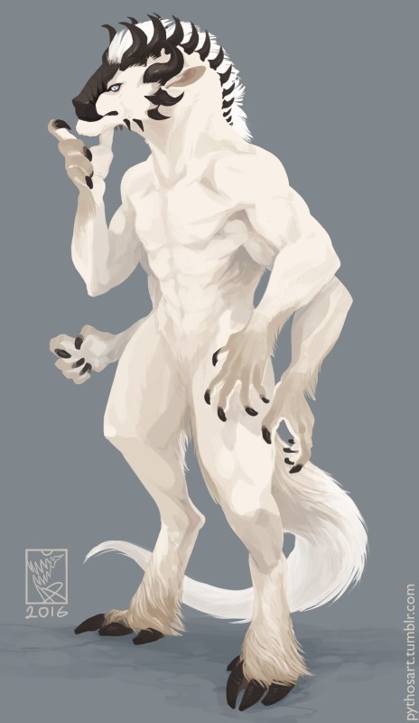 5_fingers anthro biped digitigrade fingers fur grey_background hair horn male multi_arm multi_limb simple_background solo standing white_hair pythosart rriimsi margavan 2016 absurd_res hi_res