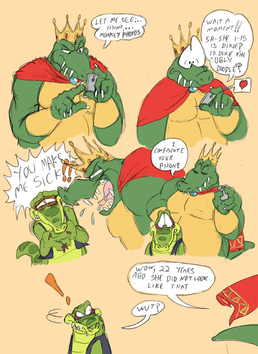 anthro group male text shesamonkey diddy_kong_racing donkey_kong_(series) nintendo rareware king_k._rool krunch_the_kremling alligator alligatorid crocodile crocodilian kremling reptile scalie comic english_text hi_res