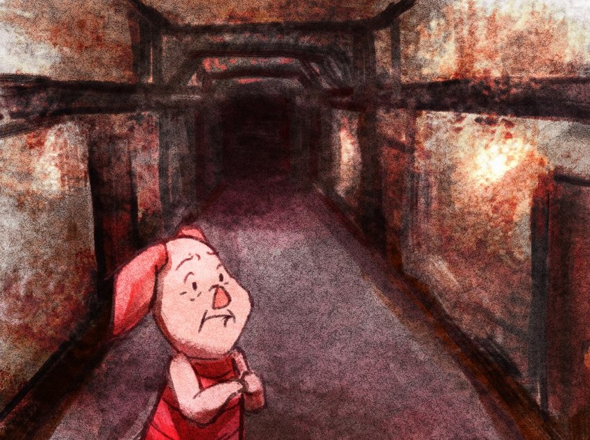 big_nose clothing darkness door doorway feral hallway horror_(theme) inside male pig_ears pig_snout rust scared snout solo sweater sweater_vest topwear vest flatwani disney konami piglets_big_game silent_hill winnie_the_pooh_(franchise) piglet domestic_pig mammal suid suina sus_(pig)