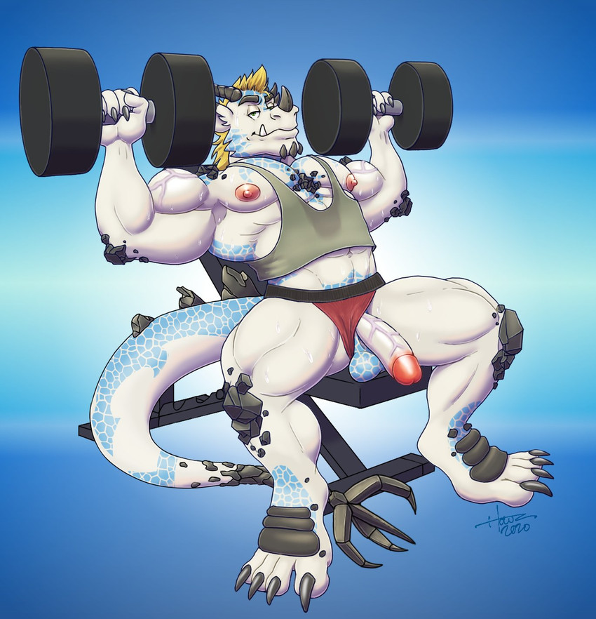 4_toes 5_fingers anthro balls biceps big_biceps big_muscles blonde_hair blue_background blue_body blue_scales bodily_fluids circumcised clothing clothing_aside dumbbell exercise feet fingers flaccid genitals hair horn huge_muscles humanoid_genitalia humanoid_penis incline_press looking_at_viewer male muscular muscular_anthro muscular_male navel nipples obliques pecs penis scales shirt simple_background sitting solo sweat tail tank_top toes topwear underwear underwear_aside vein veiny_muscles weightlifting weights white_body workout howz mythology nogard_krad_nox dragon mythological_creature mythological_scalie scalie 2020 dated digital_media_(artwork) hi_res signature