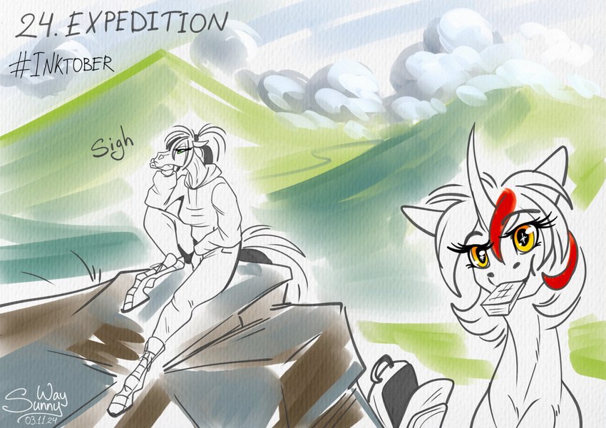 anthro backpack duo eating expedition female food inktober2024 sitting tired sunny_way inktober alirfesta_felastis sunny_way_(character) equid equine horse ki'rinaes mammal digital_media_(artwork) hi_res sketch