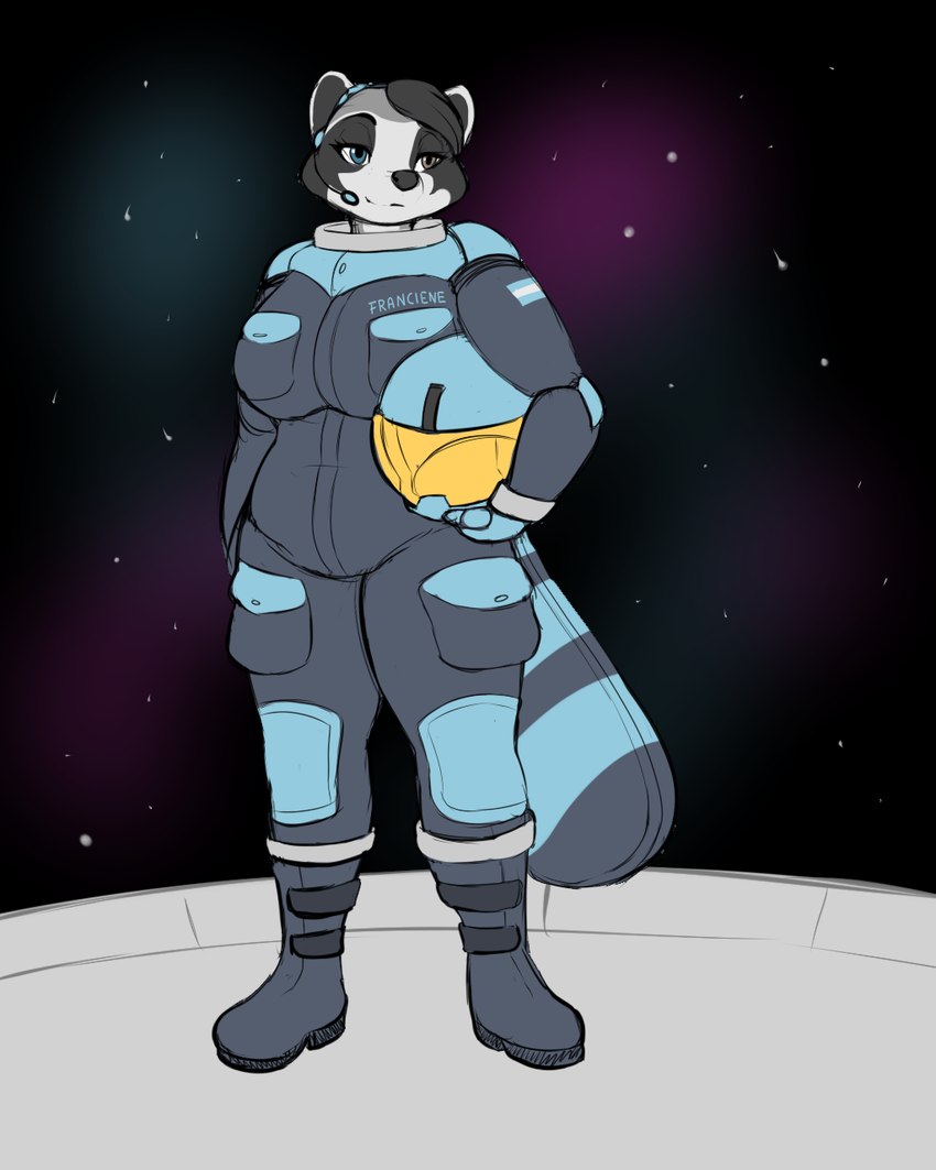 anthro armor astronaut big_breasts breasts clothed clothing female hair headgear helmet slightly_chubby slightly_chubby_female smile solo space spacesuit star thick_thighs blackbetty franciene_(tango's_family) mammal procyonid raccoon 4:5 digital_media_(artwork) hi_res