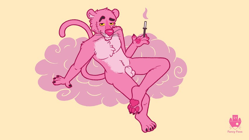 4_fingers 4_toes animal_genitalia anthro balls barefoot biped black_claws cigarette cigarette_holder cigarette_smoke claws eyebrows feet fingers flaccid fur genitals half-closed_eyes looking_at_viewer male narrowed_eyes navel nude pawpads penis pink_body pink_fur pink_nose pink_pawpads plantigrade pose raised_eyebrow seductive sheath simple_background sitting skinny slim smile smoke solo toes whiskers yellow_background yellow_sclera fancy_foxx_(artist) pink_panther_(series) pink_panther felid mammal pantherine 16:9 2021 absurd_res digital_media_(artwork) flat_colors hi_res pinup watermark widescreen