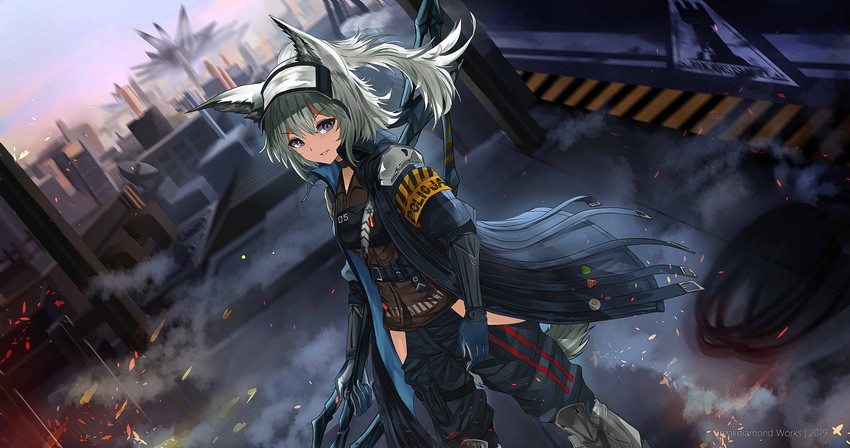 belt bottomwear breasts city clothing day detailed_background dutch_angle female gloves grey_eyes grey_hair hair handwear holding_melee_weapon holding_object holding_polearm holding_spear holding_weapon melee_weapon outside pants polearm ponytail smile solo spear weapon breakdiamond arknights hypergryph studio_montagne grani_(arknights) animal_humanoid equid equid_humanoid humanoid mammal mammal_humanoid 2019 absurd_res hi_res