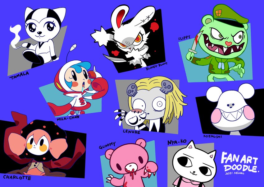 ambiguous_gender anthro blood bodily_fluids cigarette female knife male sharp_teeth teeth nelnal 2spot_studio bloody_bunny_(series) bokurano cat_soup gloomy_the_naughty_grizzly happy_tree_friends lenore_the_cute_little_dead_girl nekojiru puella_magi puella_magi_madoka_magica super_milk-chan_show tamala_2010:_a_punk_cat_in_space bloody_bunny charlotte_(puella_magi_madoka_magica) flippy_(htf) fliqpy_(htf) gloomy_bear koemushi lenore_(lenore_the_cute_little_dead_girl) nyako_(nekojiru) ragamuffin_(lenore_the_cute_little_dead_girl) tamala bear domestic_cat felid feline felis human humanoid lagomorph leporid mammal rabbit undead witch_(puella_magi) 2021 digital_drawing_(artwork) digital_media_(artwork) hi_res