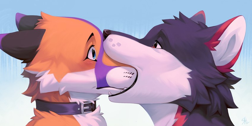 anthro bite black_lips blue_eyes brown_eyes collar duo fur grey_body grey_fur lips male orange_body orange_fur teeth salanchu canid canine canis fox mammal wolf 2:1 digital_media_(artwork) digital_painting_(artwork) hi_res