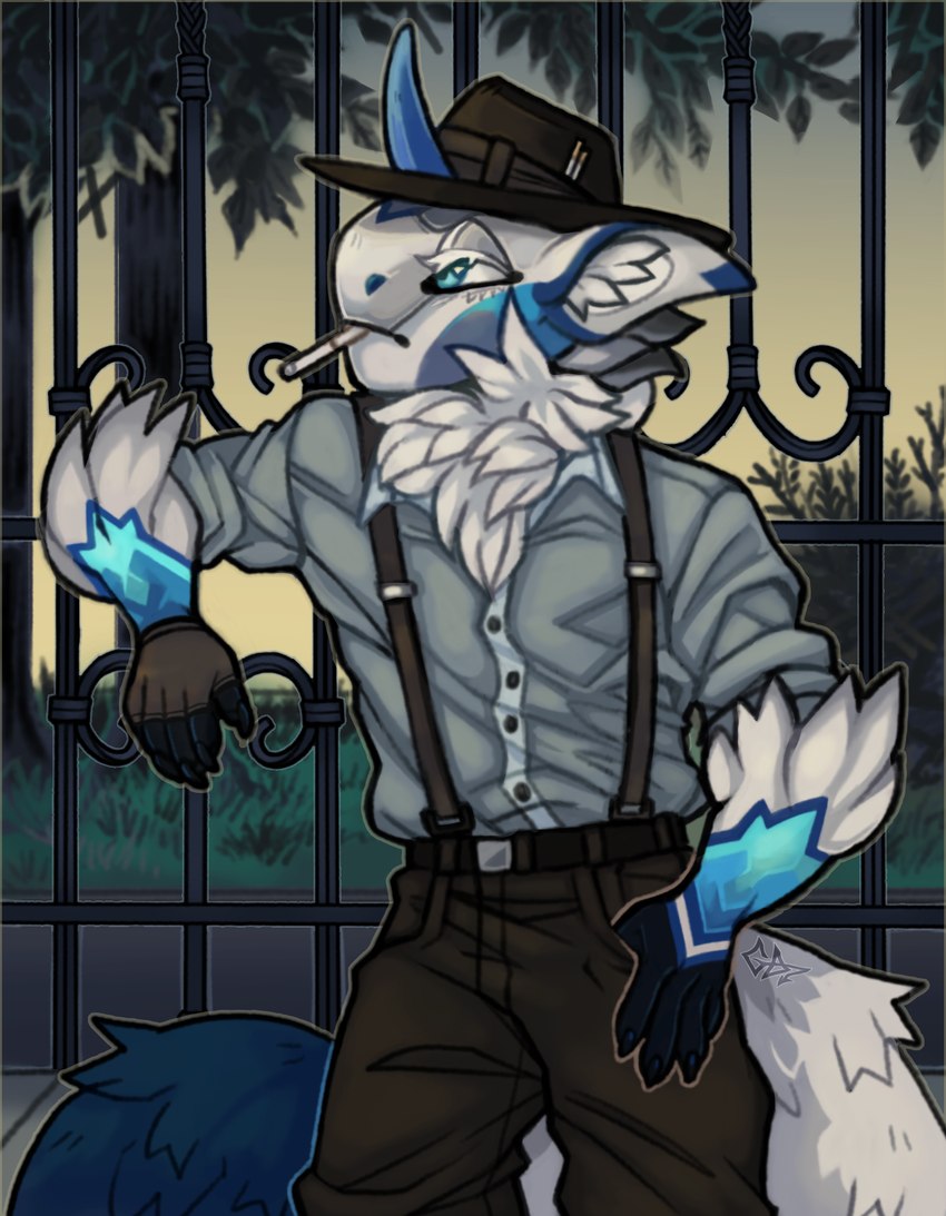 anthro blue_body blue_fur cigarette clothing dusk fedora fence formal_wear fur gloves handwear hat headgear headwear horn leaning_on_fence long_tail male mane park plant scenery shaded_background smoking solo suspenders tail team_stardust tree twilight white_body white_fur greaserdemon artfight2024 draconic scalie hi_res