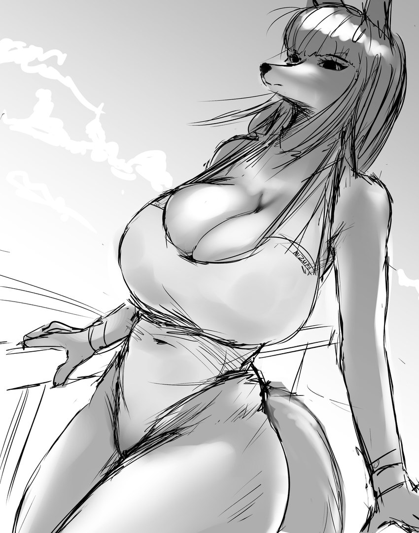 anthro big_breasts black_nose breasts cleavage clothed clothing female hair huge_breasts kemono long_hair navel_outline one-piece_swimsuit outside solo swimwear ydart canid canine fox mammal 2022 absurd_res guide_lines hi_res monochrome sketch