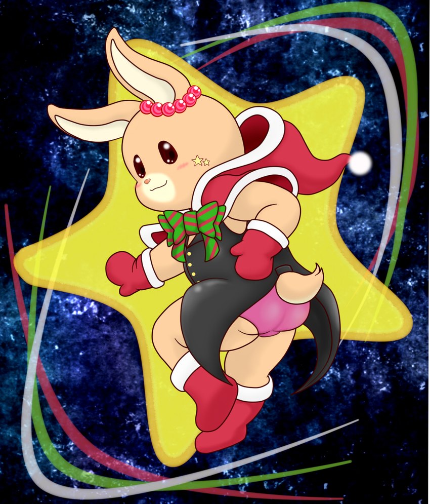 anthro blush butt christmas_clothing christmas_headwear clothing cosmic_background female footwear hat headgear headwear holidays jewelry necklace panties ribbons santa_hat scut_tail shoes short_tail solo space space_background star tail underwear komeya christmas maple_town palm_town shin_maple_town_monogatari patty_(maple_town) lagomorph leporid mammal rabbit hi_res