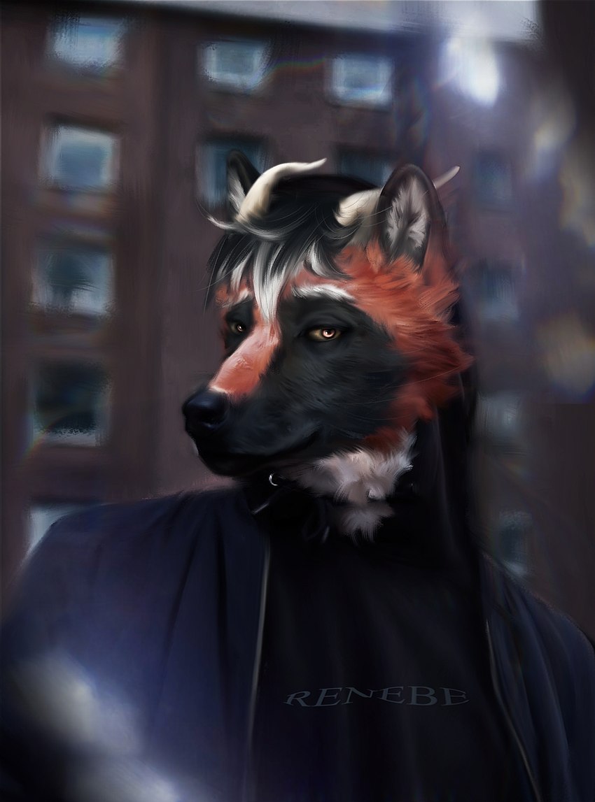 anthro clothing detailed_background fur horn male orange_eyes red_body red_fur semi-realistic smile solo renebe canid canine canis mammal wolf absurd_res digital_drawing_(artwork) digital_media_(artwork) half-length_portrait hi_res portrait signature