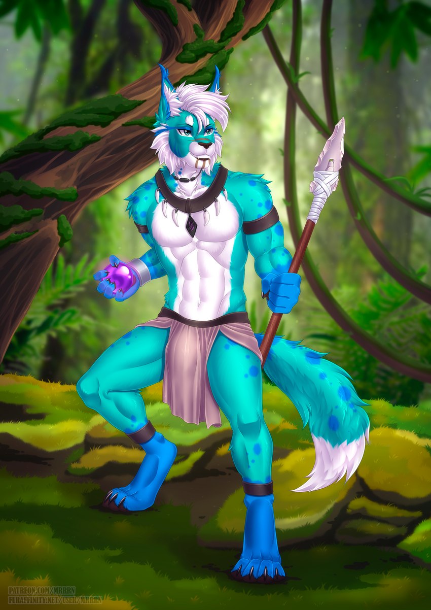 abs anthro arctic blue_body blue_eyes blue_fur bottomwear bracelet bulge clothed clothing detailed_background forest forest_background fur grin hair half_naked jewelry loincloth magic_user male multicolored_body muscular muscular_anthro muscular_male nature nature_background necklace orb pecs plant shaman smile solo tail topless topless_anthro topless_male tree tribal tribal_jewelry tribal_necklace tribal_outfit tribal_spellcaster white_hair mrrrn falyx felid feline lynx mammal absurd_res digital_media_(artwork) hi_res