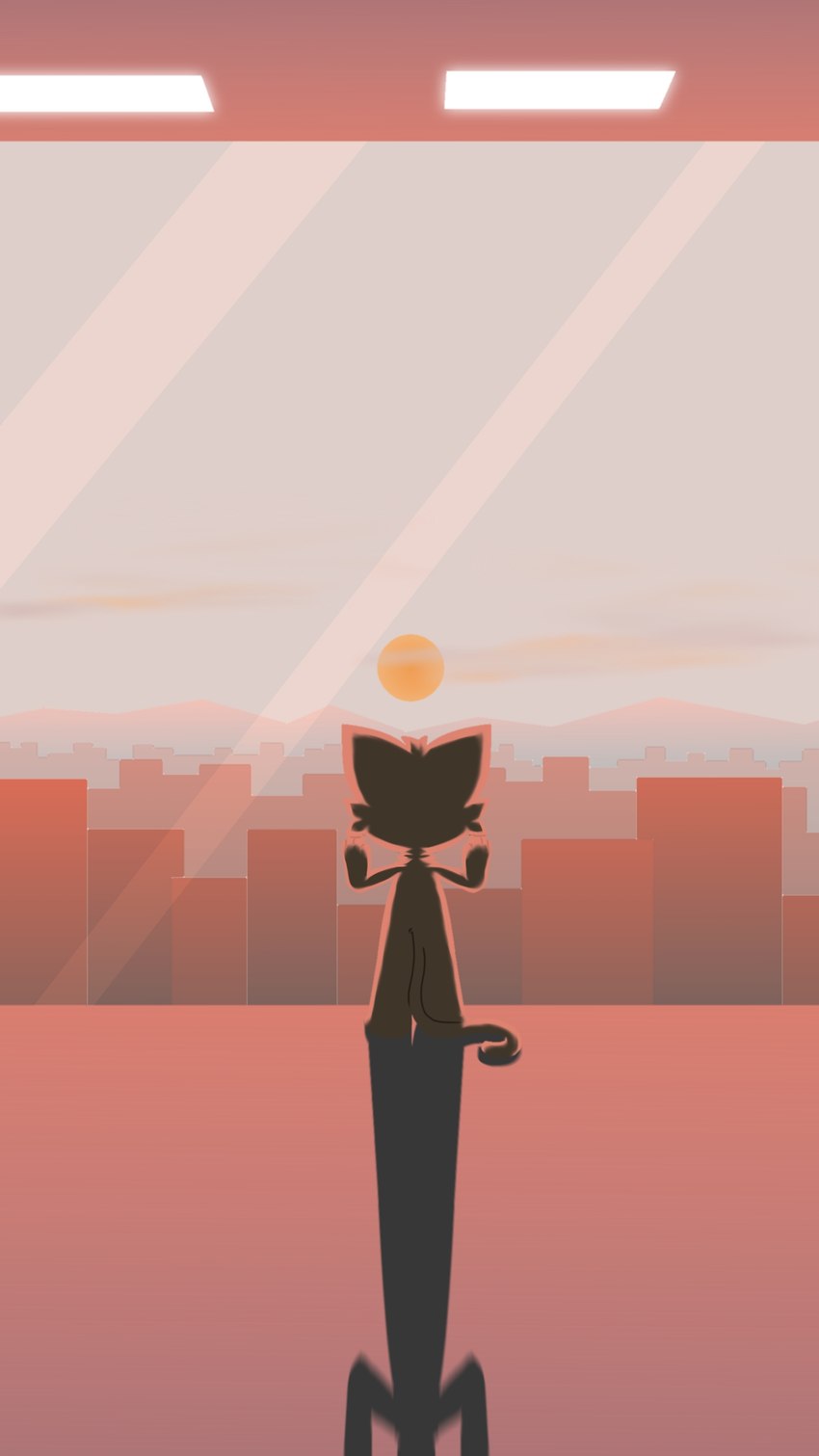 4_fingers brown_body brown_fur building city cityscape cloud fingers fur glass hands_on_wall long_tail looking_outside male mountain_range nude orange_lighting red_sky size_difference sky smaller_male solo standing sunset tail window kyshan_(artist) domestic_cat felid feline felis mammal absurd_res hi_res