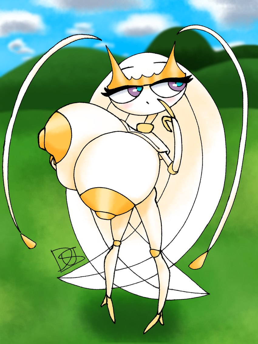 anthro areola big_areola big_breasts big_nipples blue_eyes blush breasts butt detailed_background female gold_body gold_skin huge_areola huge_breasts huge_nipples nipples nude open_mouth purple_eyes short short_anthro short_stack size_difference skinny slim smaller_female solo white_body white_skin dus nintendo pokemon arthropod generation_7_pokemon humanoid insect pheromosa pokemon_(species) ultra_beast 2024 3:4 absurd_res colored digital_drawing_(artwork) digital_media_(artwork) full-length_portrait hi_res portrait shaded signature