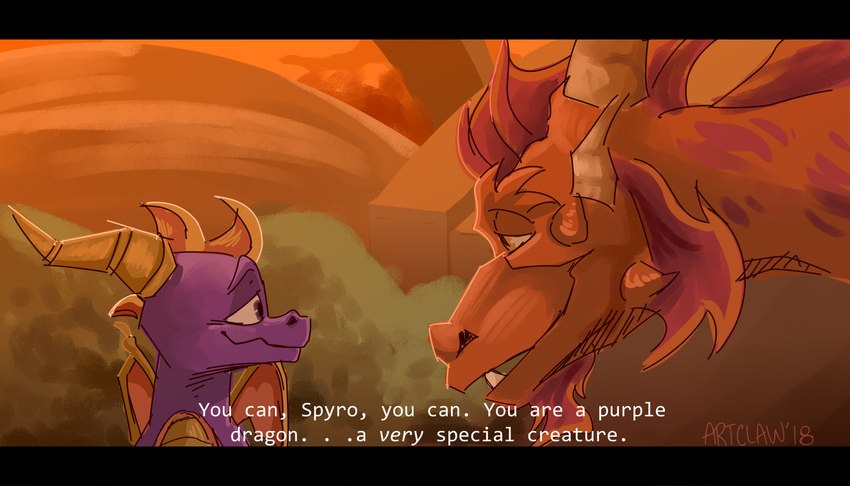 black_bars dialogue duo eye_contact feral horn looking_at_another male orange_body orange_scales purple_body purple_scales quadruped scales size_difference smile text artclaw activision european_mythology mythology spyro_the_dragon the_legend_of_spyro ignitus spyro dragon mythological_creature mythological_scalie scalie western_dragon 7:4 absurd_res english_text hi_res redraw signature