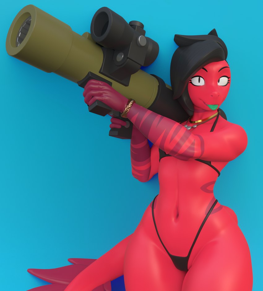 anthro bikini black_hair blep bracelet clothed clothing female hair jewelry looking_at_viewer micro_bikini necklace ranged_weapon recoilless_rifle red_body rocket_launcher simple_background solo swimwear tail thick_thighs tongue tongue_out two-piece_swimsuit weapon weapon_on_shoulder wide_hips conditional_dnp remanedur dayumboai_(modeler) ren_(remanedur) fish marine 2023 3d_(artwork) digital_media_(artwork) hi_res nonbinary_(lore)