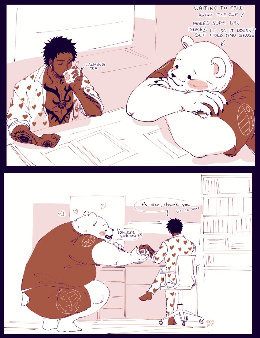 anthro belly big_belly blush bottomwear chair clothing detailed_background dialogue dot_eyes drinking duo eyes_closed furniture male overweight overweight_male shirt shorts simple_eyes sitting text topwear nekokat42 one_piece bepo_(one_piece) trafalgar_law bear human mammal minkmen_(one_piece) polar_bear ursine 2023 english_text hi_res