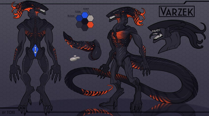 anthro balls erection genitals male nude open_mouth penis sharp_teeth solo standing tail teeth text tongue kalimah alien_(franchise) varzek_(character) alien hybrid sergal xenomorph 2021 digital_media_(artwork) english_text hi_res model_sheet