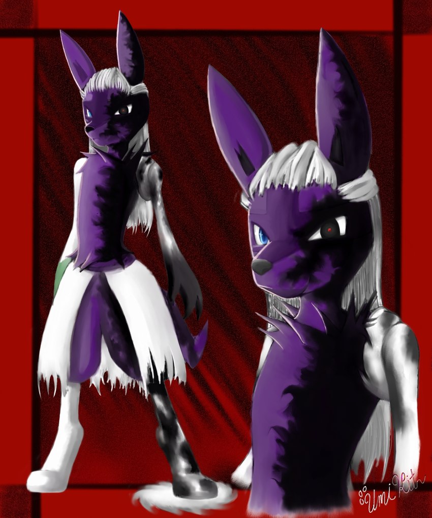 ambiguous_gender anthro biped black_eyes black_nose blue_eyes fur hair mouth_closed pupils purple_body purple_fur red_background red_pupils simple_background solo standing text white_body white_fur white_hair white_sclera white_text umikit nintendo pokemon generation_4_pokemon lucario pokemon_(species) 2012 5:6 absurd_res artist_name digital_media_(artwork) english_text hi_res