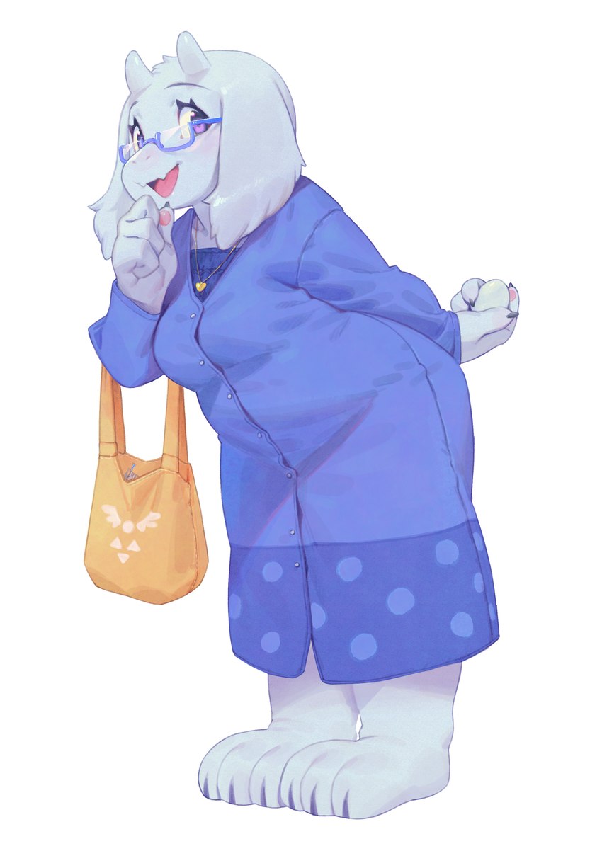 3_toes anthro barefoot breasts cardigan claws clothing egg eyewear feet female floppy_ears fur glasses holding_object horn open_mouth open_smile purple_eyes simple_background slightly_chubby slightly_chubby_anthro slightly_chubby_female smile solo toes white_background white_body white_fur aruurara undertale_(series) toriel bovid caprine mammal 2021 absurd_res hi_res signature