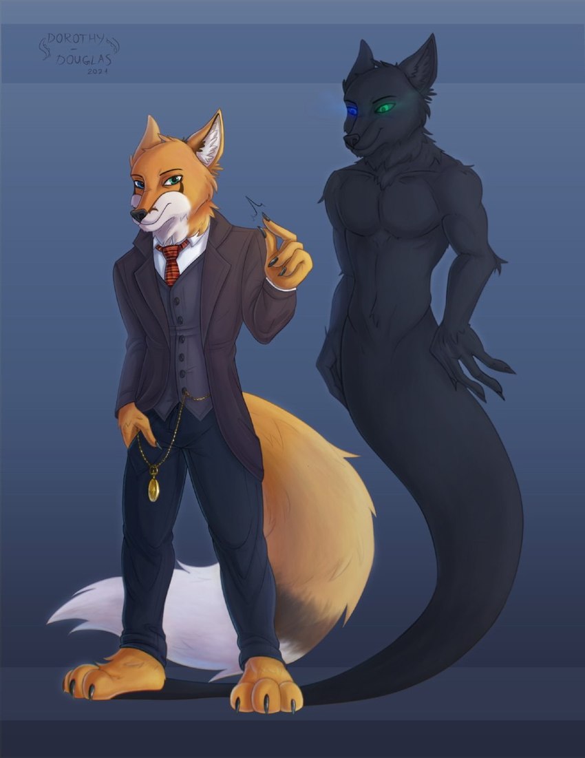 anthro black_nose blue_eyes claws clock clothed clothing fur green_body green_eyes green_fur looking_at_viewer male markings necktie orange_body orange_fur piercing pockets pocketwatch shadow simple_background smile snapping_fingers solo suit suits tail tail_tuft topwear tuft vest watch white_body white_fur dorothydouglas alexander_the_fox canid canine fox mammal digital_media_(artwork) hi_res signature