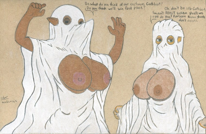 anthro areola bedsheet_ghost big_breasts breasts brown_body brown_fur brown_nipples clothing costume covering covering_self duo exposed_breasts female fur green_eyes halloween_costume holidays humor multicolored_body nipples simple_background two_tone_body yellow_body yellow_fur lobar halloween kamchak veemi fictional_species gjonk mammal mustelid porcupine rodent colored_pencil_(artwork) colored_sketch hi_res sketch traditional_media_(artwork)