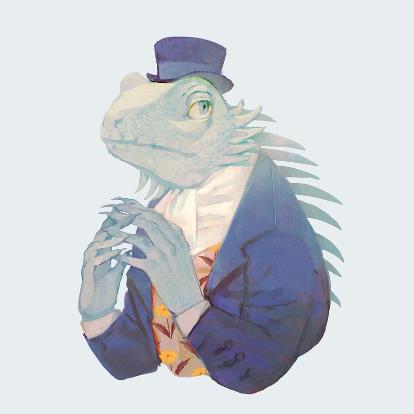 alternative_fashion anthro biped blue_background blue_clothing blue_hat blue_headwear blue_suit clothing green_body green_eyes green_scales hat headgear headwear j-fashion male ouji_(fashion) scales simple_background solo suit top_hat topwear vest rt0no iguana iguanid lizard reptile scalie 1:1 digital_media_(artwork) digital_painting_(artwork) hi_res painting_(artwork)