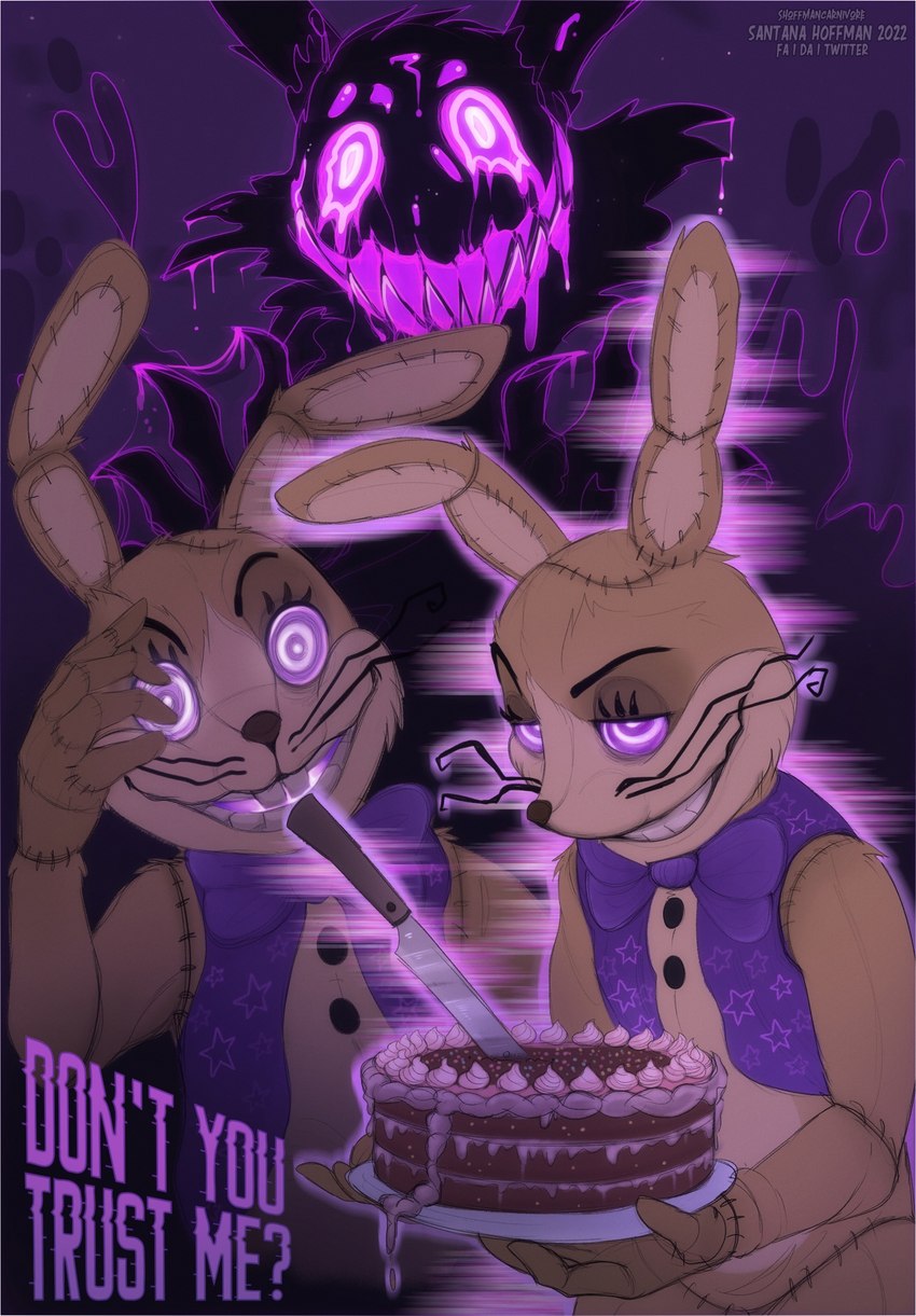 ambiguous_gender anthro cake clothed clothing dessert food fur grin holding_cake holding_food holding_object narrowed_eyes open_clothing open_topwear purple_clothing purple_eyes purple_topwear ringed_eyes smile solo tan_body tan_fur topwear white_eyes santanahoffman five_nights_at_freddy's five_nights_at_freddy's:_help_wanted five_nights_at_freddy's:_security_breach scottgames steel_wool_studios glitchtrap lagomorph leporid mammal patchwork_creature rabbit 2022 digital_media_(artwork) hi_res