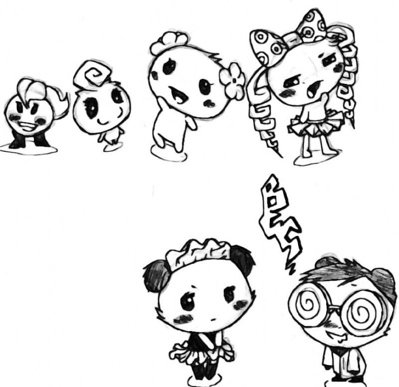 anthro chibi female group huge_head male simple_background spiral_eyes toony white_background buttercup_saiyan nintendo tamagotchi black_and_white monochrome pen_(artwork) traditional_media_(artwork)