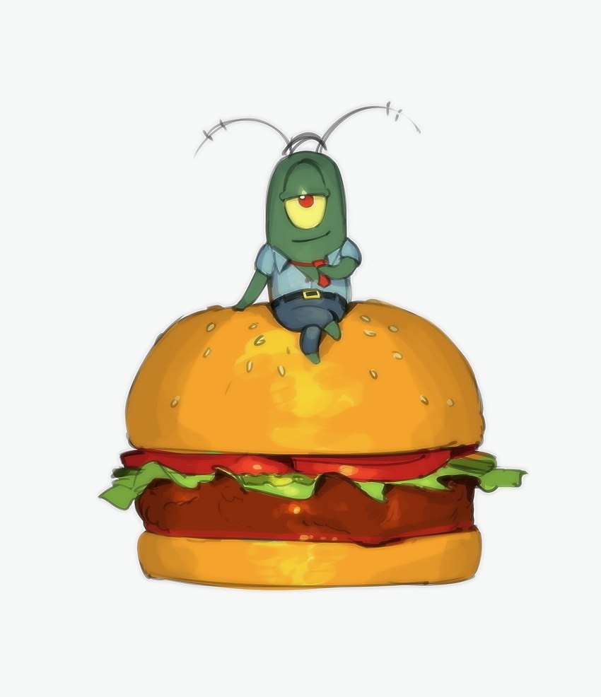 1_eye antennae_(anatomy) anthro belt bottomwear burger clothed clothing crossed_legs eyebrows food fruit fully_clothed green_body green_skin krabby_patty lettuce male micro necktie on_model pants plant red_eyes shirt simple_background sitting smile solo tomato topwear vegetable white_background yellow_sclera kogito nickelodeon spongebob_squarepants sheldon_j._plankton arthropod copepod crustacean marine maxillopod plankton_(species) 2023 digital_media_(artwork) hi_res