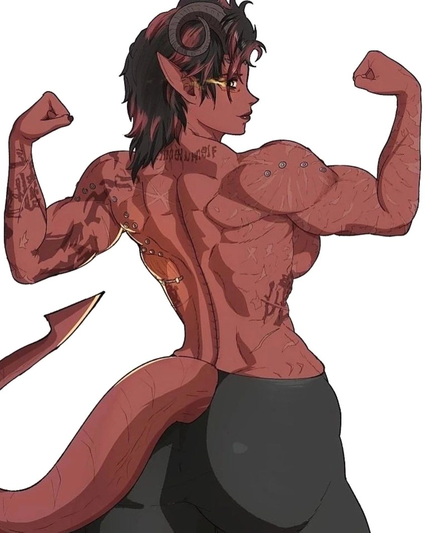 back_boob big_butt black_hair bottomwear breasts butt clothed clothing female flexing hair highlights_(coloring) horn humanoid_pointy_ears looking_at_viewer looking_back looking_back_at_viewer muscular not_furry pants pointy_ears red_body red_highlights red_skin short_hair solo tattoo topless yoracrab baldur's_gate baldur's_gate_3 bioware electronic_arts larian_studios karlach demon horned_humanoid humanoid tiefling 2023 hi_res