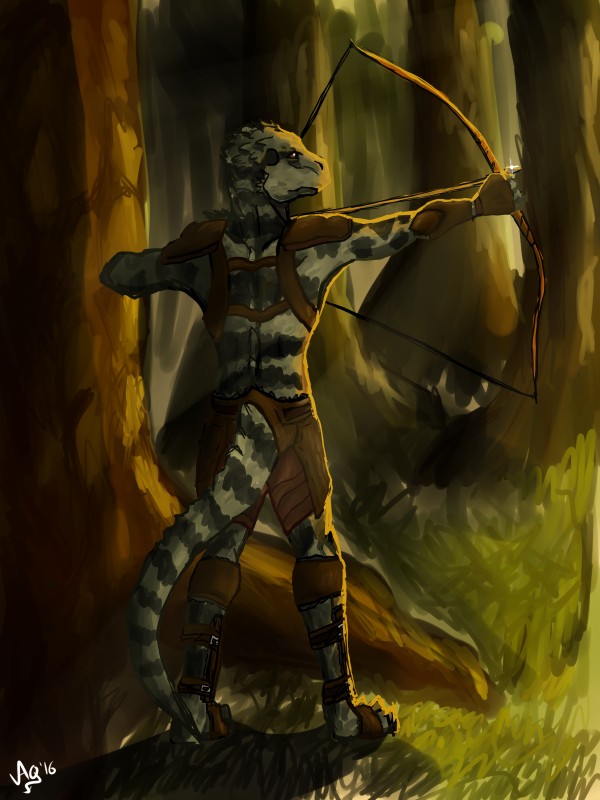 aiming aiming_weapon anthro armor arrow_(weapon) biped black_markings bow_(weapon) brown_armor brown_eyes detailed_background forest furgonomics grass green_body green_scales green_tail holding_object holding_weapon leather leather_armor looking_aside male markings multicolored_body multicolored_scales multicolored_tail nature outstretched_arm plant plantigrade ranged_weapon rear_view scales solo standing striped_markings striped_tail stripes tail tail_markings tapering_tail tree two_tone_body two_tone_scales two_tone_tail weapon year aquaticas microsoft the_elder_scrolls agamid argonian australian_water_dragon lizard reptile scalie water_dragon_(agamid) 2016 3:4 absurd_res digital_media_(artwork) digital_painting_(artwork) hi_res restricted_palette signature